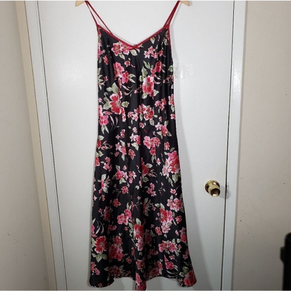 Adonna Vintage Black Floral Strappy Satin 90s Lingerie Chemise Slip Dress Size M